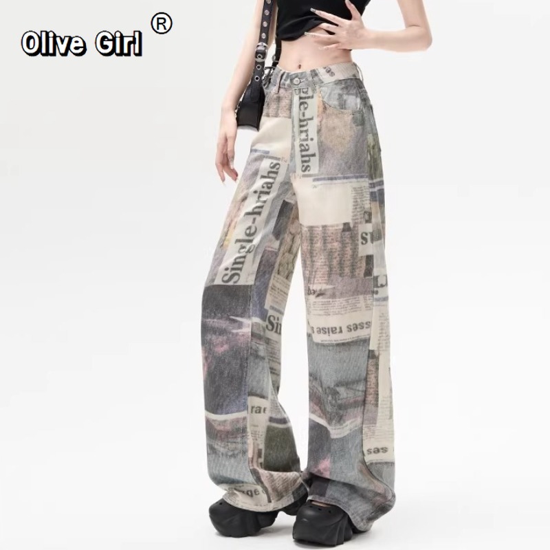 Mom Jean High Rise - Olivegirl Damen-Jeans mit Print, Grunge Y2K